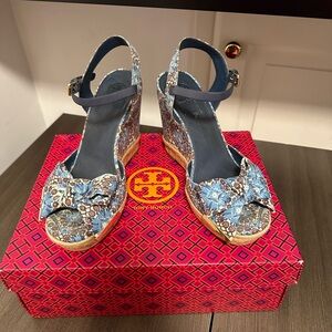 Tory Burch Blue Floral Wedge Sandals